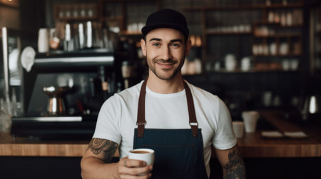 Male barista wearing an apron at coffee shop holding cup in the counter. Generative AI AIG21.の素材