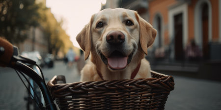 Labrador Retriever dog have fun bicycle ride on sunshine day morning in summer on town streetの素材