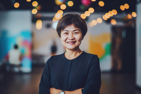 Mature smart asian businesswoman, smiling face, standing in blur background of creative colorful office interior design. Generative AI AIG20.の素材