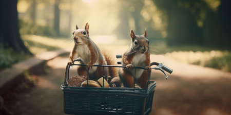 squirrels have fun bicycle ride on sunshine day in summer on town streetの素材