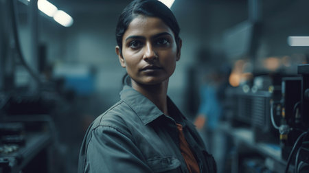 A smiling Indian female electronic factory worker standing in factory. Generative AI AIG19.の素材