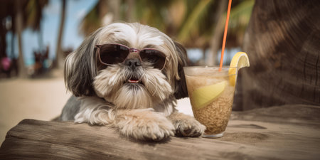 Shih Tzu dog is on summer vacation at seaside resort and relaxing rest on summer beach of Hawaiiの素材
