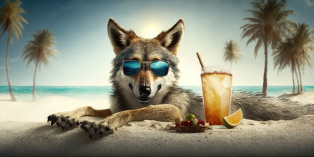 wolf is on summer vacation at seaside resort and relaxing on summer beachの素材