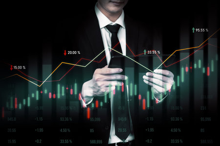 Businessman analyst working with digital finance business data graph showing technology of investment strategy for perceptive financial business decision. Digital economic analysis technology concept.の写真素材