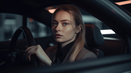 CEO Female Caucasian Young Adult Conducting a video call with a remote team from a parked car. Generative AI AIG22.の素材