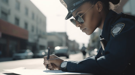 Police Officer Female African-American Young Adult Writing a ticket in Street. Generative AI AIG22.の素材