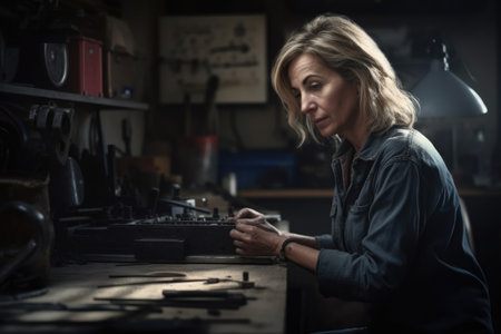 Female Caucasian Middle aged fixing appliances in garage workshop. Generative AI AIG23.の素材