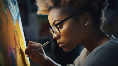 Artist Female African-American Young painting the canvas. Generative AI AIG22.の素材