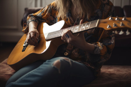 Female Caucasian adult playing guitar in music room activity music. Generative AI AIG23.の素材