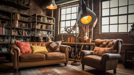 Living room decor, home interior design . Industrial Rustic style with Brick Wall decorated with Metal and Wood material . Generative AI AIG26.の素材