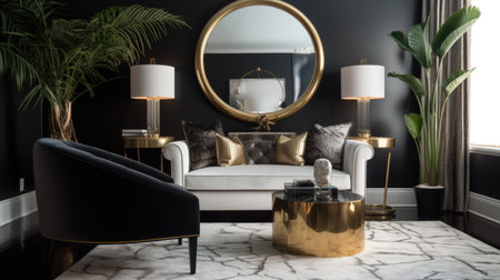 Living room decor, home interior design . Art Deco Contemporary style with Large Window decorated with Velvet and Marble material . Generative AI AIG26.の素材