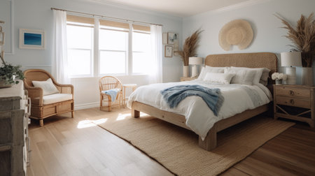 Bedroom decor, home interior design . Coastal Scandinavian style with Ocean View decorated with Natural Wood and White Painted Wood material . Generative AI AIG26.の素材