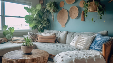 Living room decor, home interior design . Coastal Bohemian style with Ocean View decorated with Rattan and Linen material . Generative AI AIG26.の素材