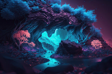 Fairyland scenery in wonderful ultraviolet forest like in fairytale scene. Designed by neon light with duo tone in purple and blue color with natural background. Glorious generative AI.の素材