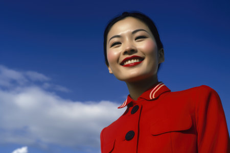 Happy young air hostess in a red suit against a blue sky, looking at the camera. Generative AI AIG21.の素材