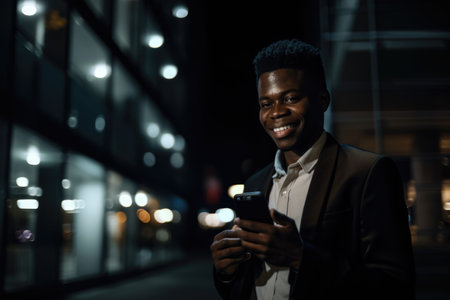 Wide angle shot of a young african-american businessman executive using mobile phone with background of modern office buildings at night. Generative AI AIG18.の素材