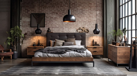 Bedroom decor, home interior design . Industrial Mid-Century Modern style with Exposed Brick Wall decorated with Metal and Wood material . Generative AI AIG26.の素材