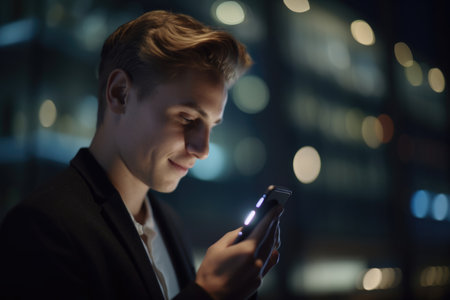 a young caucasian businessman executive using mobile phone with background of modern office buildings at night Generative AI AIG18.の素材