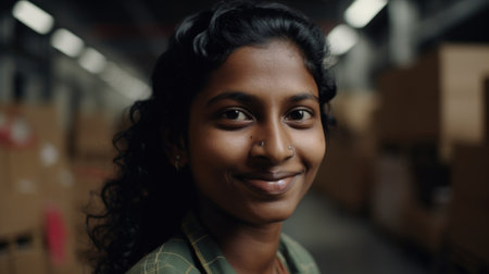 A smiling Indian female factory worker standing in warehouse. Generative AI AIG19.の素材
