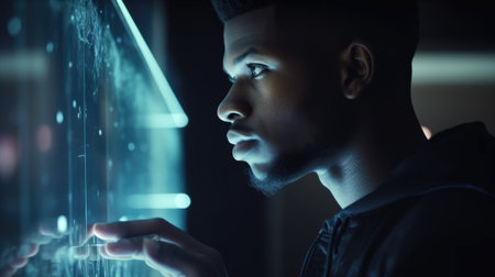 Young black male with wonder, curiosity, looking at holographic digital display, futuristic technology, innovation. Generative AI AIG20.の素材