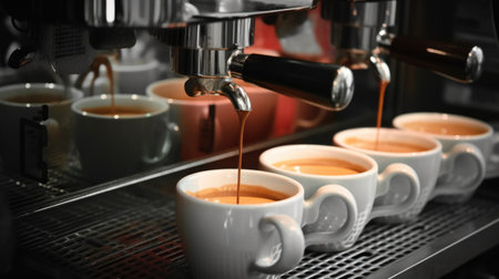 Coffee machine making fresh coffee pouring in a cup at the coffee shop. Generative AI AIG21.の素材