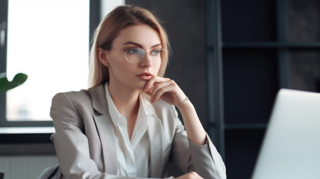Serious business woman, looking at laptop computer, office scene. Generative AI AIG20.の素材