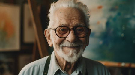 The smiling elderly man in the studio holding an easel in front of colorful canvas. Generative AI AIG21.の素材