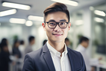 Young smart asian businessman, smiling face, standing in blur background of busy office. Generative AI AIG20.の素材