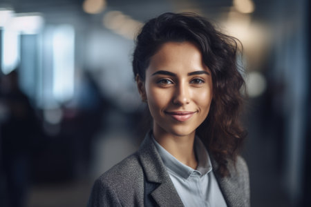 Young smart hispanic businesswoman, smiling face, standing in blur background of busy office. Generative AI AIG20.の素材