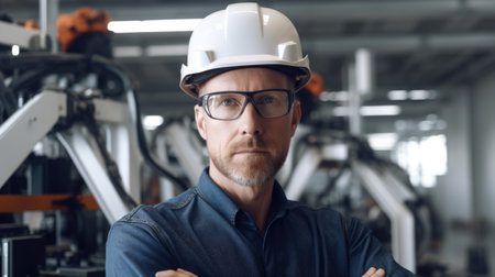 40s engineer, wearing hardhat, standing in blur background of smart factory with robotic arms. Generative AI AIG20.の素材