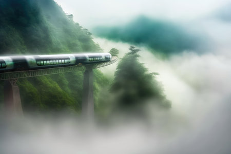 Scenic long exposure photo of futuristic train running through mountain. distinct generative AI image.の素材