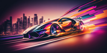 Elegant luxury super sports car future design driving on modern city highwayの素材