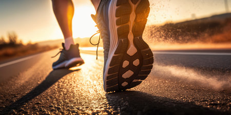 Close up view of runner sport shoes sprint running on track. distinct generative AI image.の素材