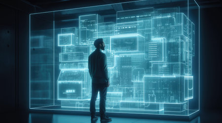 A male designer looking at a 3D building in an artificial blue light box in the style of data visualization. Generative AI AIG21.の素材