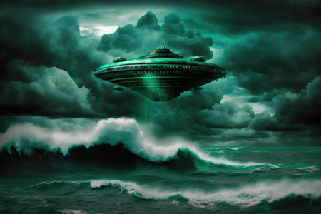 Green filtered image of UFO flying above stormy oceanの素材