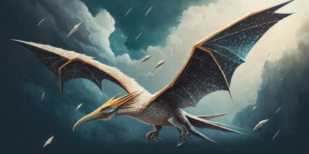 Flying imaginative creature or dinosaur fly in the sky. superlative generative AI image.の素材