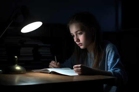 Female Caucasian teenager doing homework in study room studying smart. Generative AI AIG23.の素材