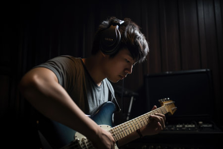 Male Asian teenager playing music in music room sound. Generative AI AIG23.の素材