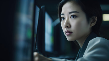 Businessperson Female Asian Mature Analyzing financial data on computer in Office. Generative AI AIG22.の素材