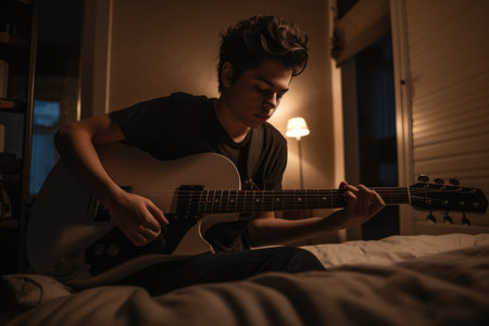 Male Hispanic teenager playing guitar in bedroom activity music. Generative AI AIG23.の素材
