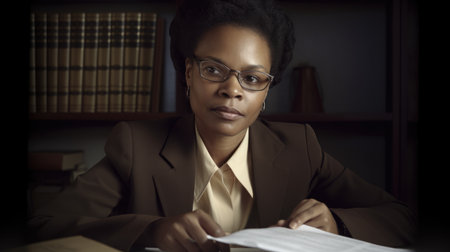 Lawyer Female African-American Mature Sitting behind desk reading documents in Law Firm. Generative AI AIG22.の素材