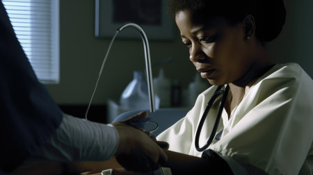Nurse Female African-American Middle-aged Taking a patients blood pressure in Hospital room. Generative AI AIG22.の素材