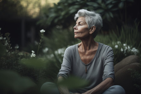 Female Caucasian elderly doing yoga exercise garden athletic. Generative AI AIG23.の素材