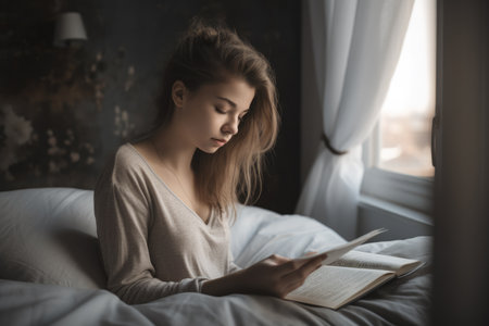 Female Caucasian teenager reading books in bedroom casual relaxing pastel. Generative AI AIG23.の素材