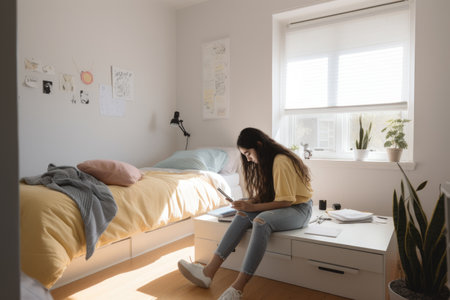 Female Hispanic teenager studying in bedroom study smart. Generative AI AIG23.の素材