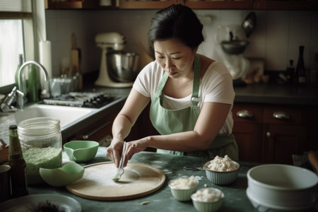 Female Asian middle aged cooking in kitchen apron chef attire. Generative AI AIG23.の素材