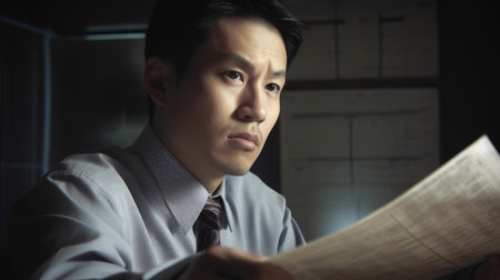 Accountant Male Asian seriously Analyzing the document. Generative AI AIG22.の素材