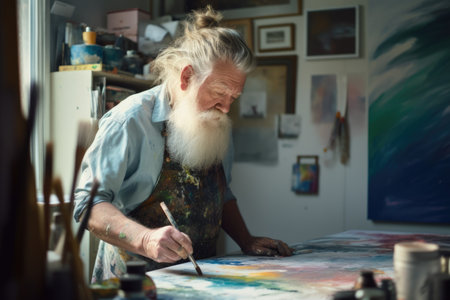 Male Caucasian senior painting art studio artist apron picture drawing. Generative AI AIG23.の素材