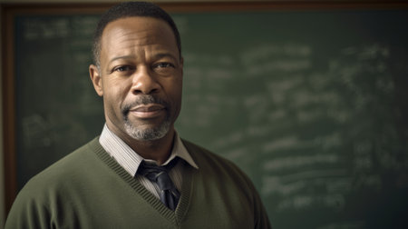 Teacher Male African-American Middle-aged Standing in front of a classroom with a chalkboard in Indoor classroom. Generative AI AIG22.の素材