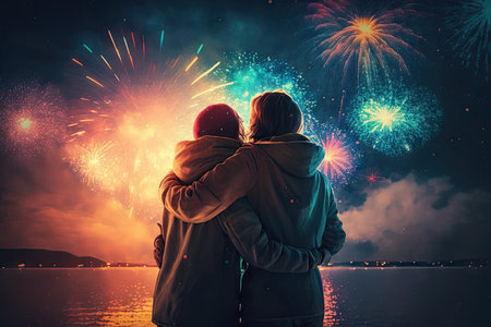 hugging happiness youth friends while fireworks coloring the sky. Glorious Generative AI.の素材